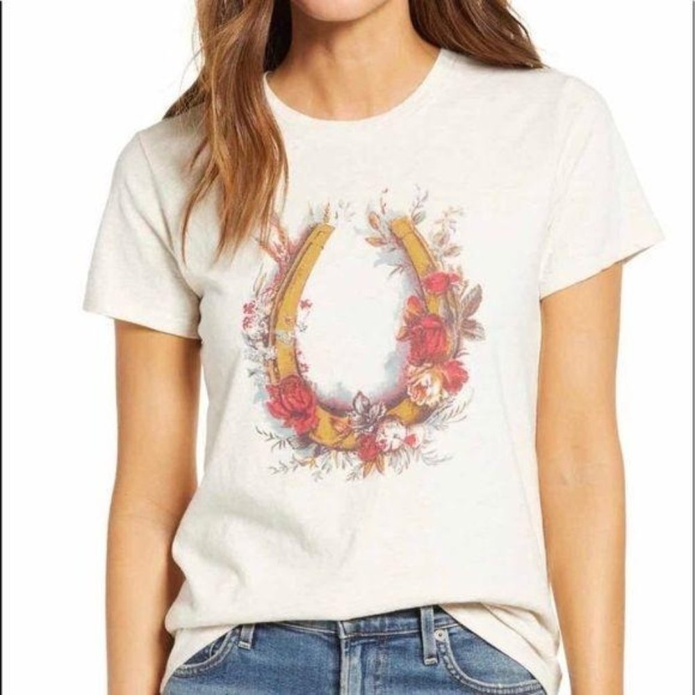 NEW Lucky Brand Oatmeal Floral Horseshoe T-Shirt